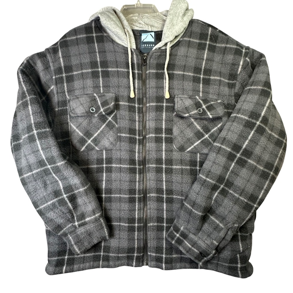 Iceburg Outerwear Plaid Hooded Shirt Jacket Sherpa Lined Fleece Grey Grunge S